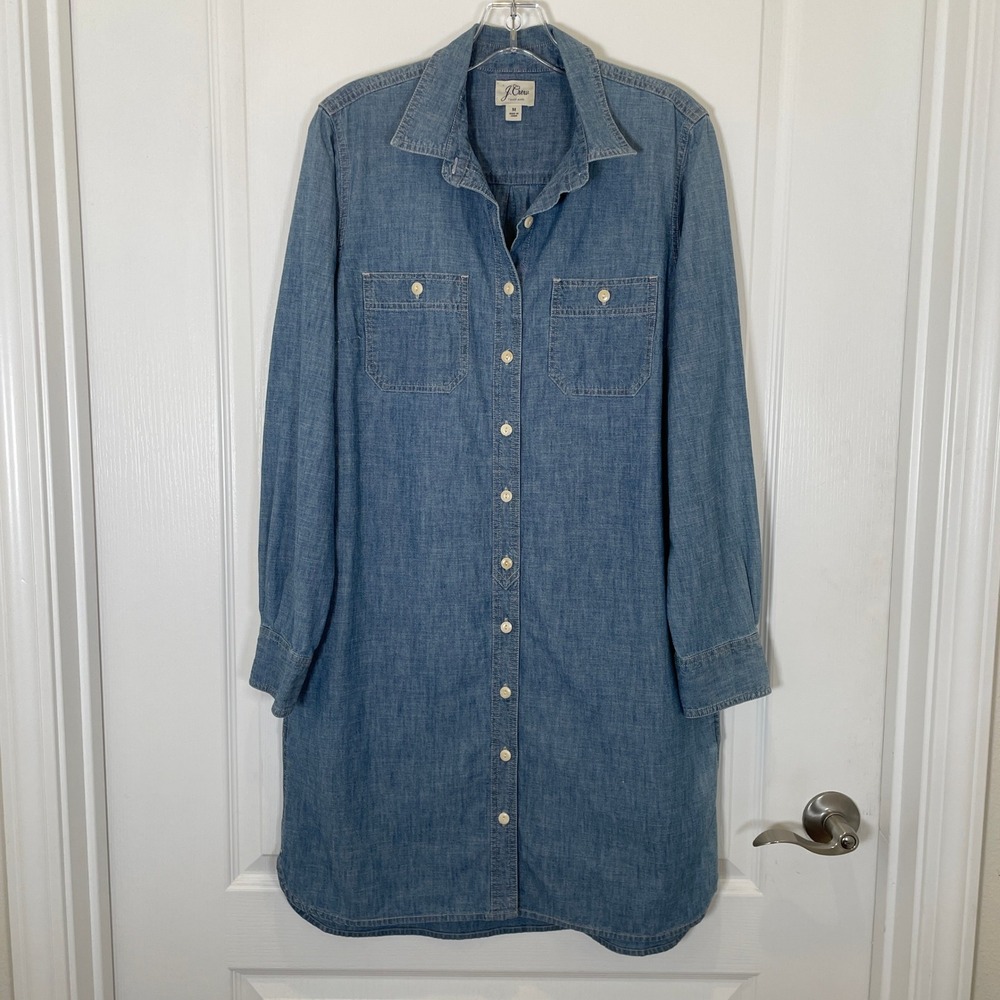J.Crew Chambray Denim Shirt Dress Blue Cotton Button Front Long Sleeve Mini M - Picture 2 of 6